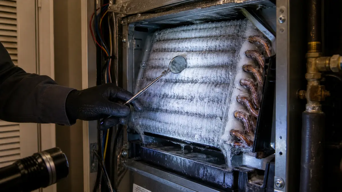 Frozen evaporator coil being thawed and inspected on a Trane in Santa Clarita, CA