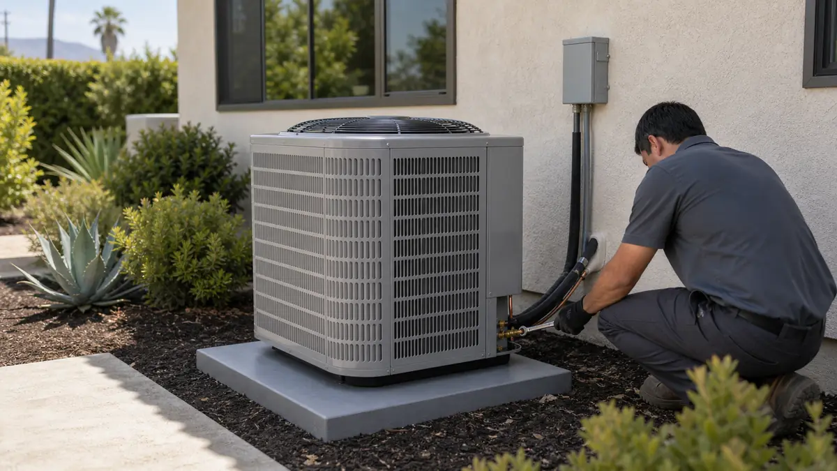 Technician metering a capacitor on a Trane AC condenser in Santa Clarita, CA