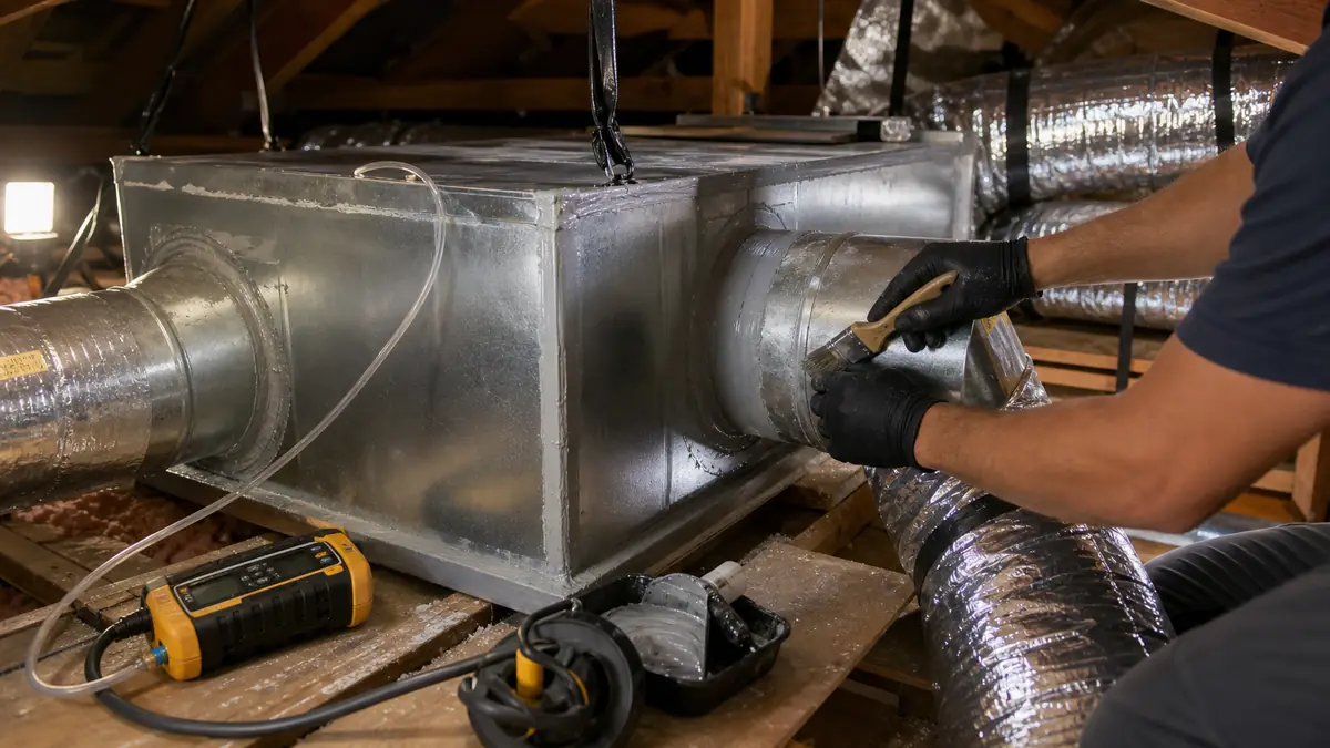 Sealed and supported supply ducts in a Santa Clarita attic, CA