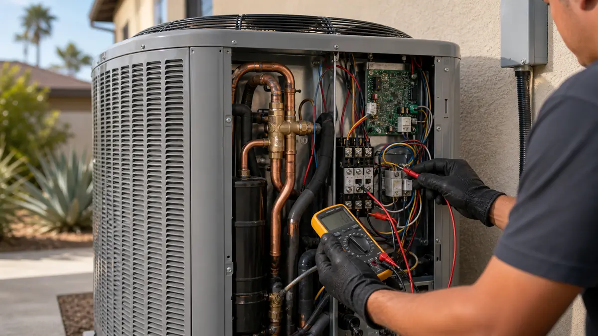 Technician diagnosing a Trane heat pump reversing valve in Santa Clarita, CA